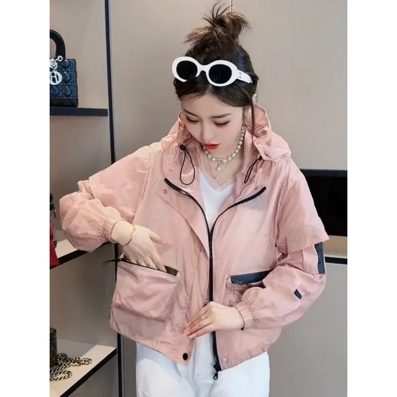 Zipper Sweatshirt Jacket Thin Coat Summer New Fashion Sunscreen Tops Women Large Pocket Patchwork Color Drawstring Hooded
