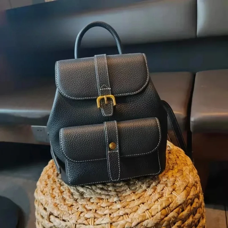 Genuine Grade Cow Leather Women's Backpack Luxury Designer Brand Shoulder Bags Cowhide Female Pack College Girl School Bag New