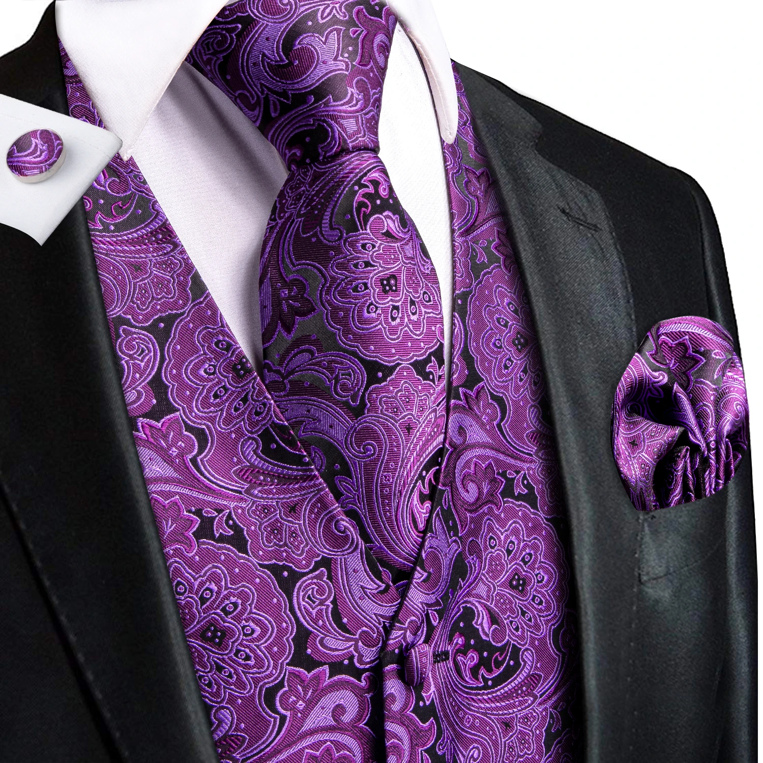 Hi-tie Mens Purple Suit Vest Paisley Silk Jacquard Slim Sleeveless Waistcot Ties Set Formal/Leisure 4PCS Business Party Wedding