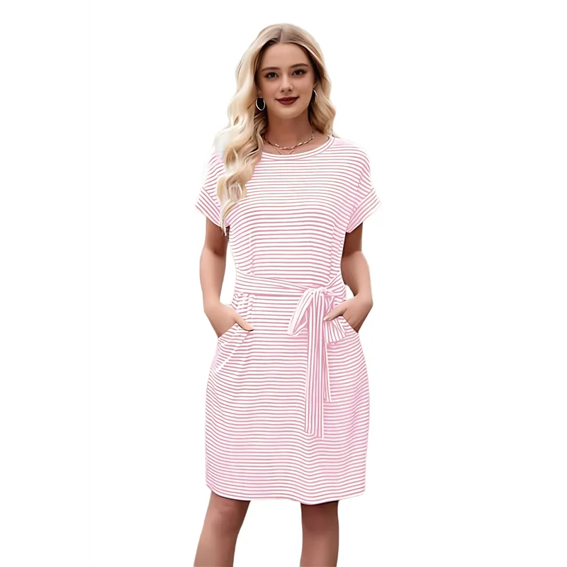 

TEXU Women's Summer Striped Short Sleeve T Shirt Dress Casual Tie Waist With Pockets