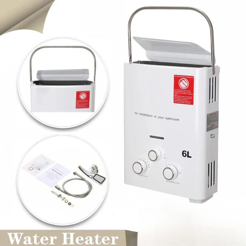 

Безрезервуарный водонагреватель с пропаном, 6 л, 12 кВт, мгновенный водонагреватель из нержавеющей стали для кемпинга на открытом воздухе с комплектом душевой насадки