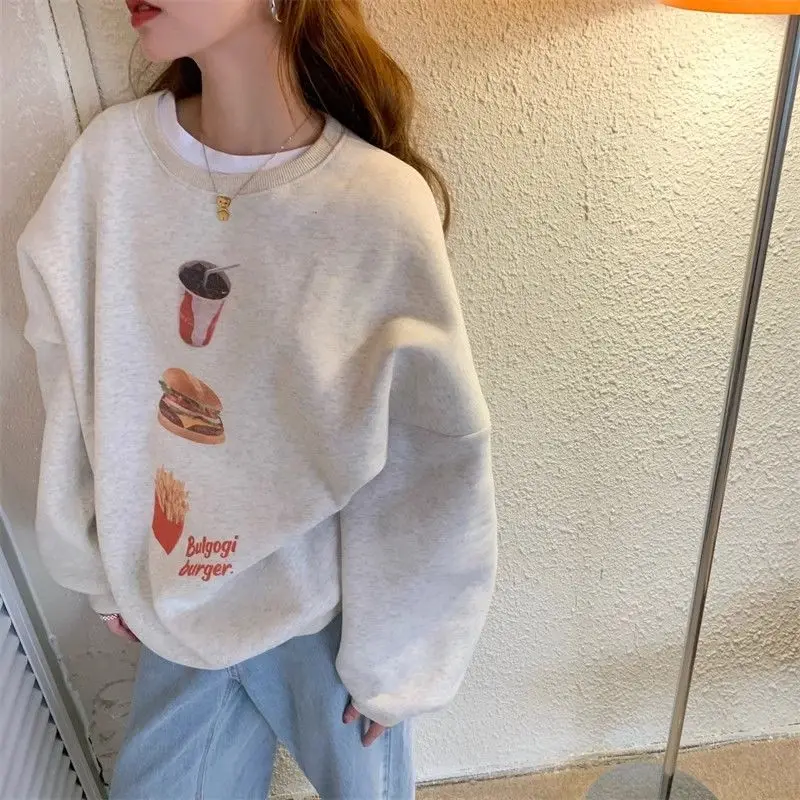 

American casual retro fun burger print lazy trend new round neck sweatshirt women clothing y2k tops emo sweatshirt