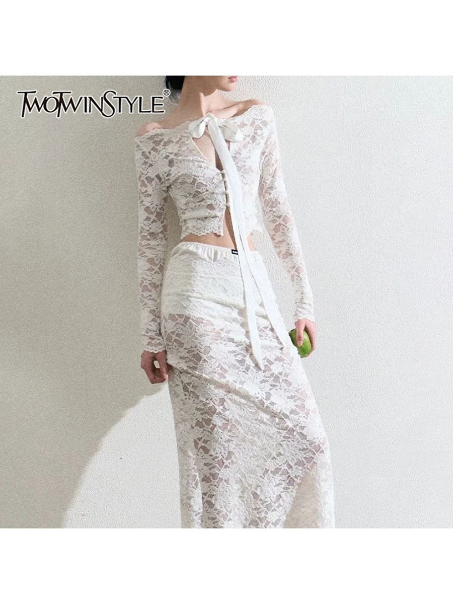 

TWOTWINSTYL Solid Sheer Spliced Lace Two Piece Sets for Women Slash Neck Long Sleeves Top High Waist Skirt Elegant Set Female