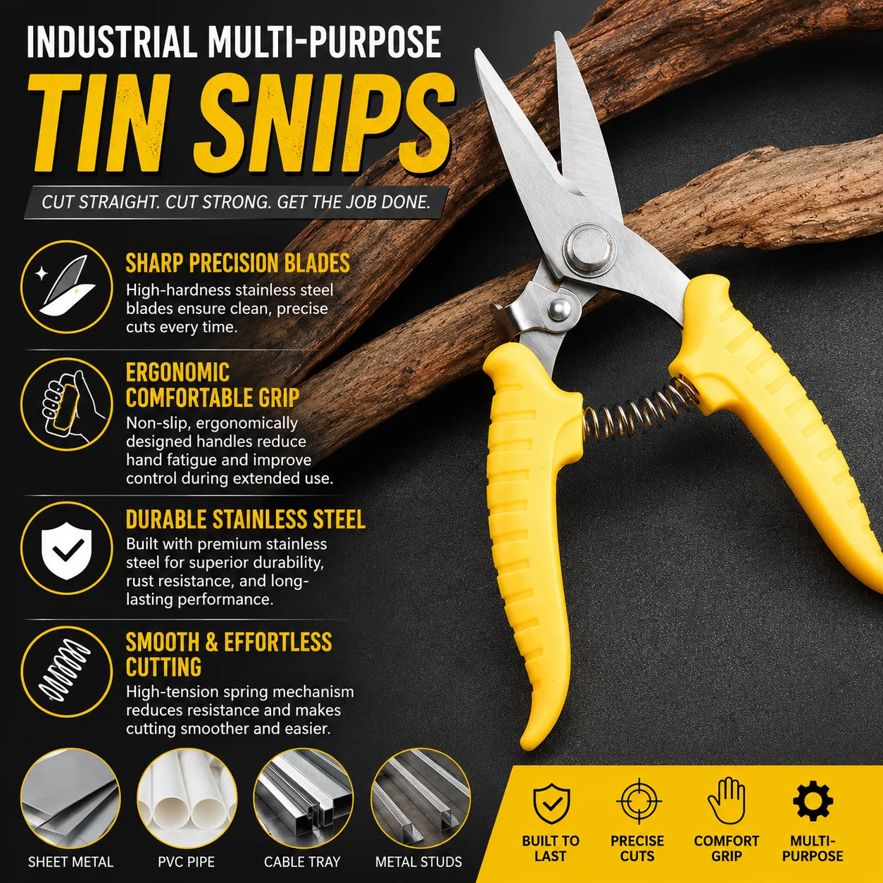 Heavy Duty Tin Snips Sheet Metal Cutter Industrial Metal Shears PVC Wire Cable Trunking Cutter Electrician Scissors Tool