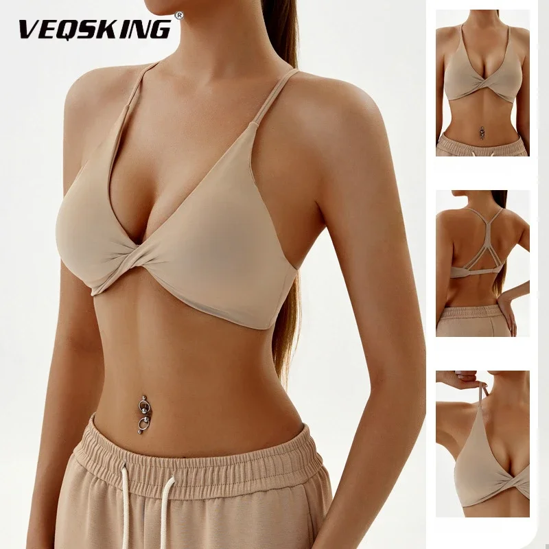 VEQSKING Shockproof Women Yoga Bra, Twist Front Sports Crop Tops, Quick Drying Gym Fitness Vest, Deep V Workout Running Bras XXL