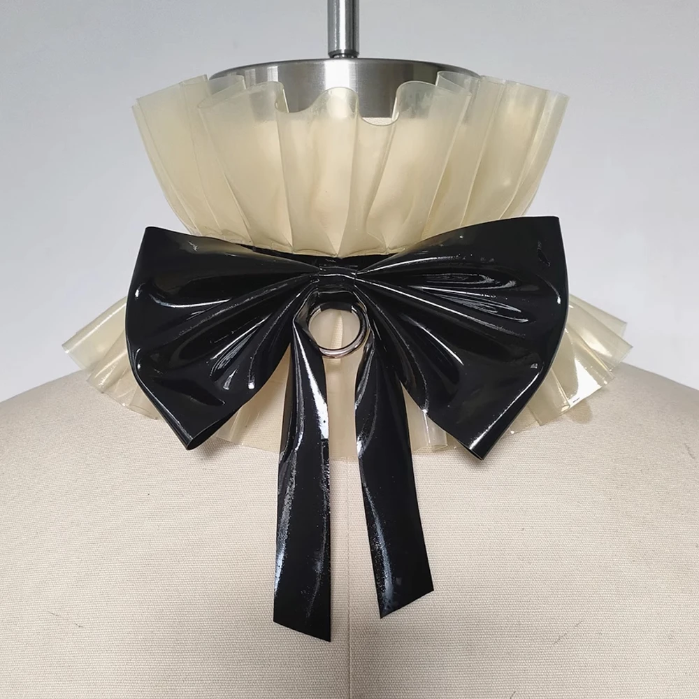 

Pure Natural Latex Cute Lolita Neck Choker Ruffled Bow Metal Circle Maid Collar Sissy Cosplay Cross dresser Uniform Accessories