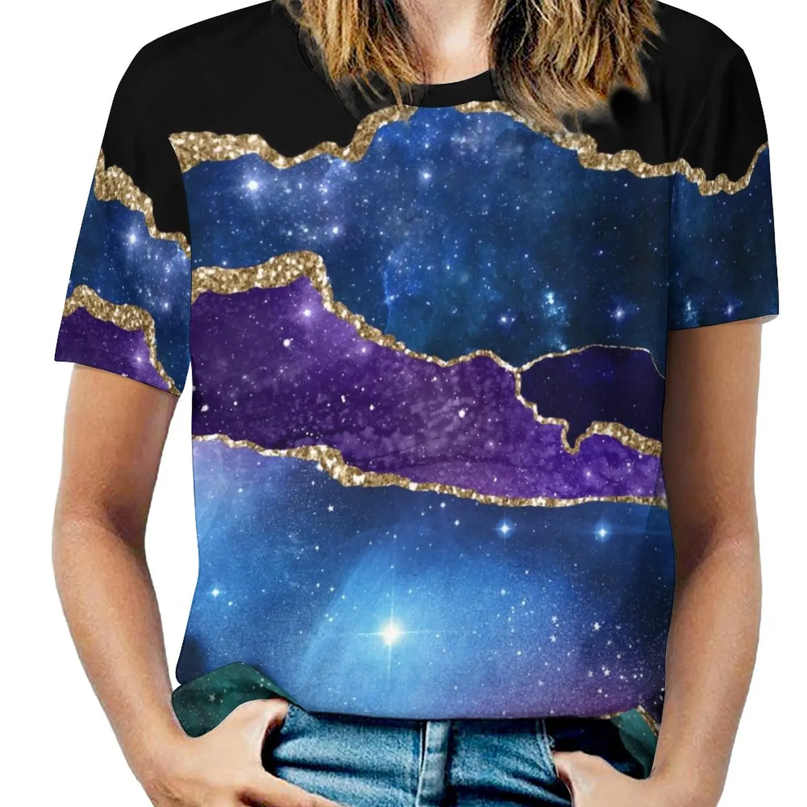 Gold Glitter Marble T Shirts Purple Teal Print Casual T-Shirt Short Sleeve Elegant Big Size Tee Shirt Trendy Tops Birthday Gift