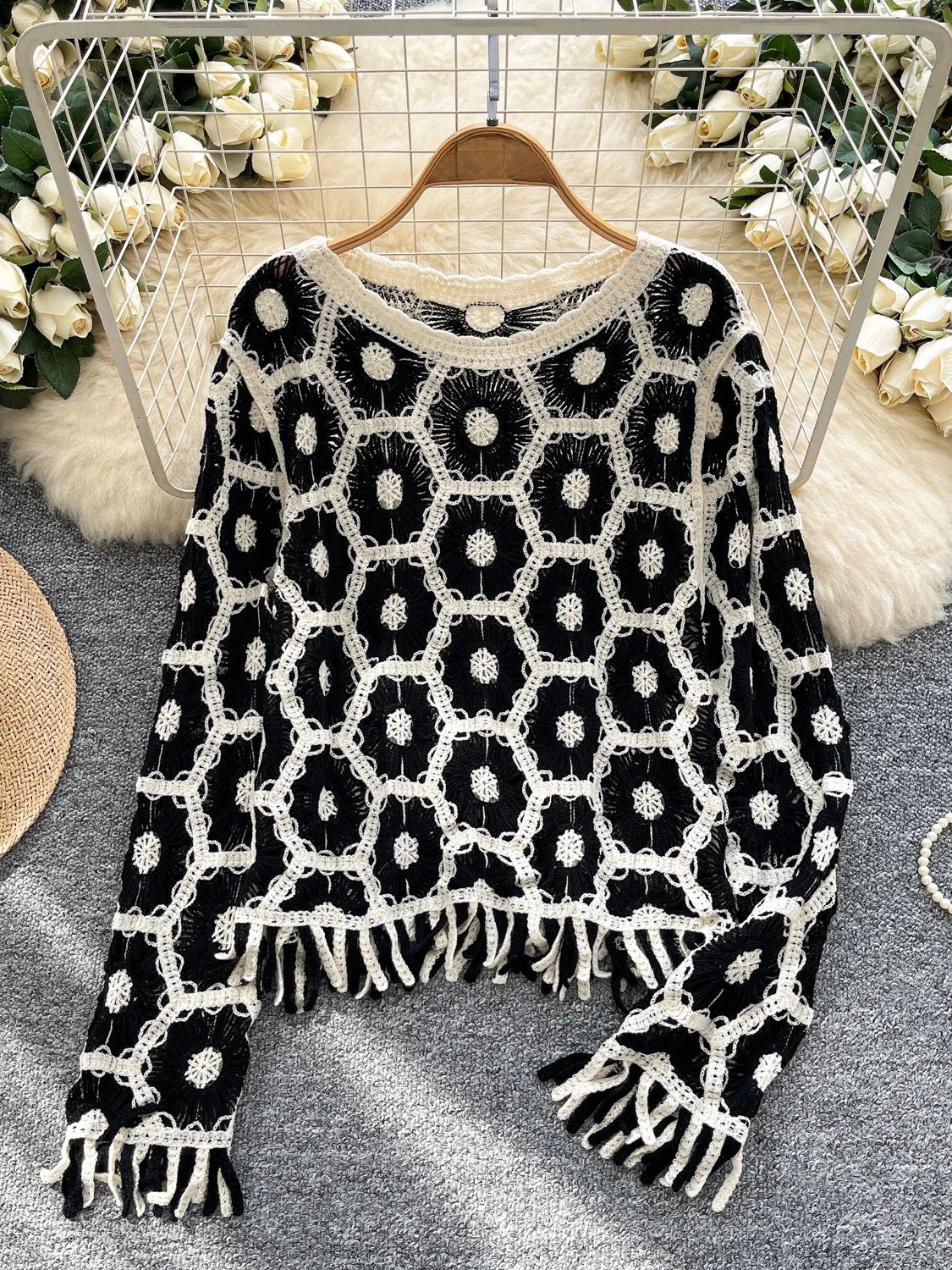 Sweet Sle Long Sve Knitted Cover up Women's Faion Thin Outerwear Tassel Trim V-Ne Loose Fit Autumn Seasonal Top