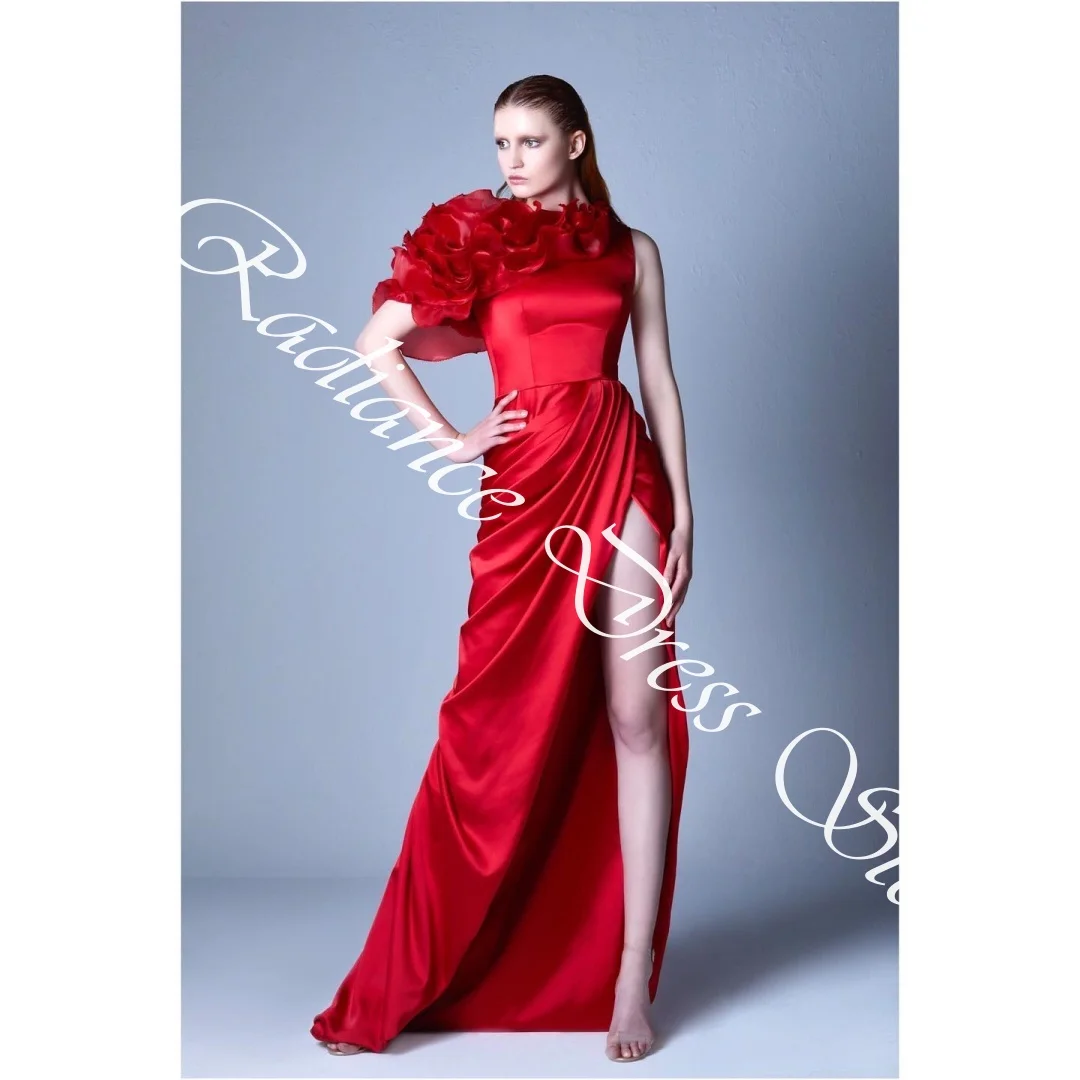 فساتين سهرة رائعة مخصصة من الساتان مستقيمة بكتف واحد وكشكشة ورقبة دائرية وأكمام قصيرة وسحاب خلفي Tra #3