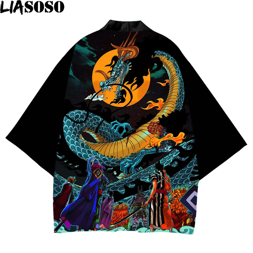 LIASOSO Black Kimono Dragon Asian Traditional Feather Top Taihei Yukata Anime Ukiyo-e Dress Homme Cardigan Cosplay Kimonos