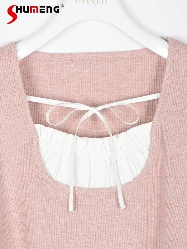 Japanese Sweet Stitching Knitted Top 2024 Early Spring New Elegant Square Collar Simple Splicing Long Sleeve Pullover Knit Shirt