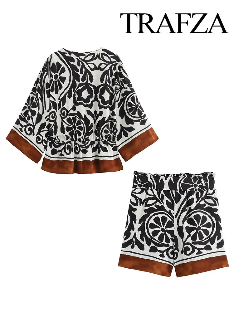 New Women 2 Piece Set Elegant V-Neck Print Long Sleeved Lace Up Top+Drawstring High Waist Pockets Casual Loose Shorts