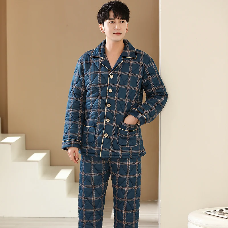 Xadrez impressão acolchoado pijamas masculinos conjunto de inverno puro algodão grosso manga longa calças conjunto casual outono serviço de casa masculino pijamas