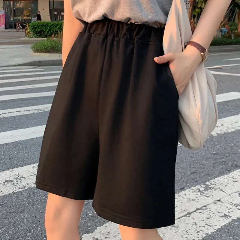 Y2k Summer Black Short Women Fashion Ladies Elastic Waist Short Pant High Waist Streetwear Wide-leg Oversize Simple Unisex Short