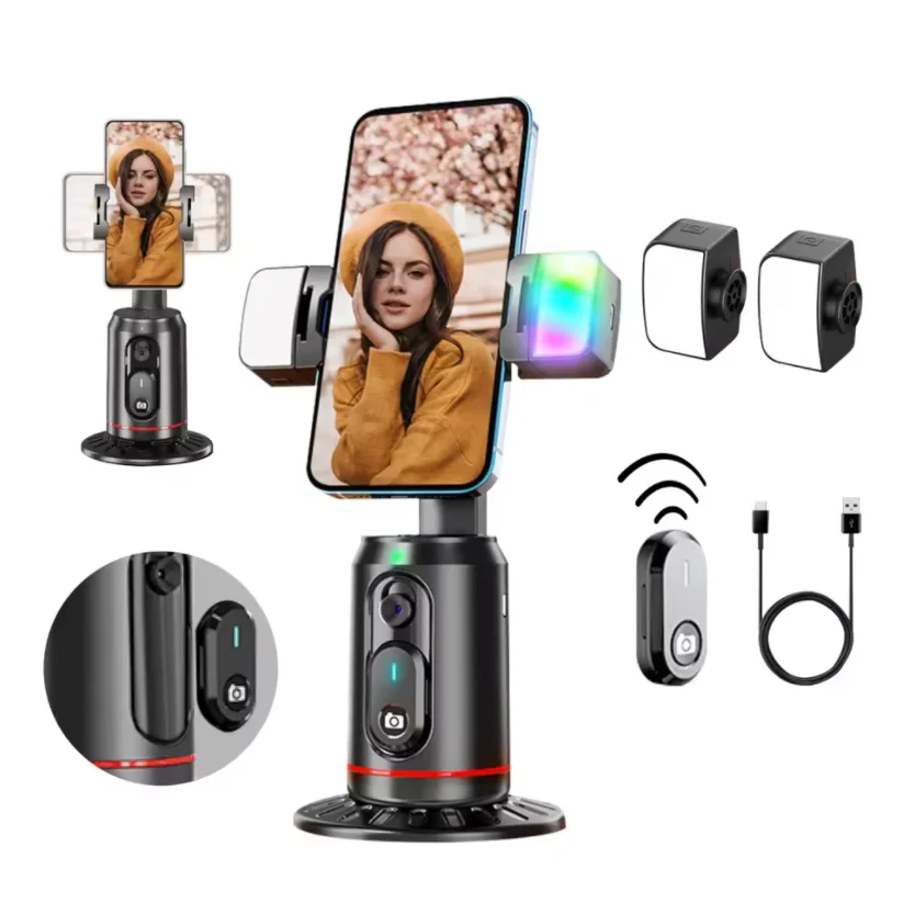 

360° Rotation Stabilizer Selfie Stick Desktop Face Tracking Gimbal phone holder With Bluetooth Remote Shutter and Light Holder