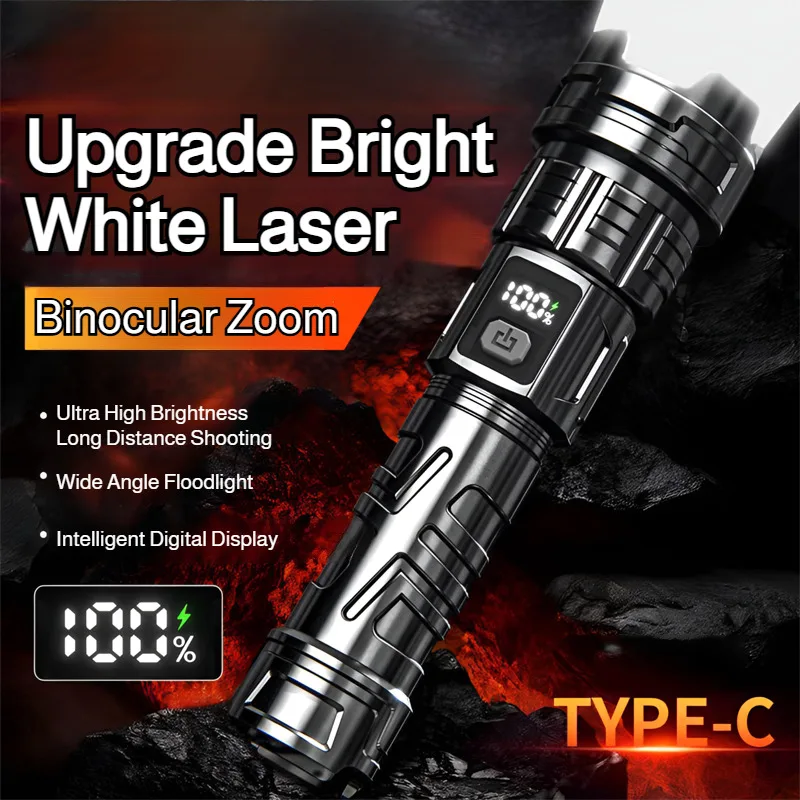 Super Bright Zoomable Flashlight, USB Rechargeable Digital Display Long Life Torch, Drop Resistant Portable for Outdoor Camping