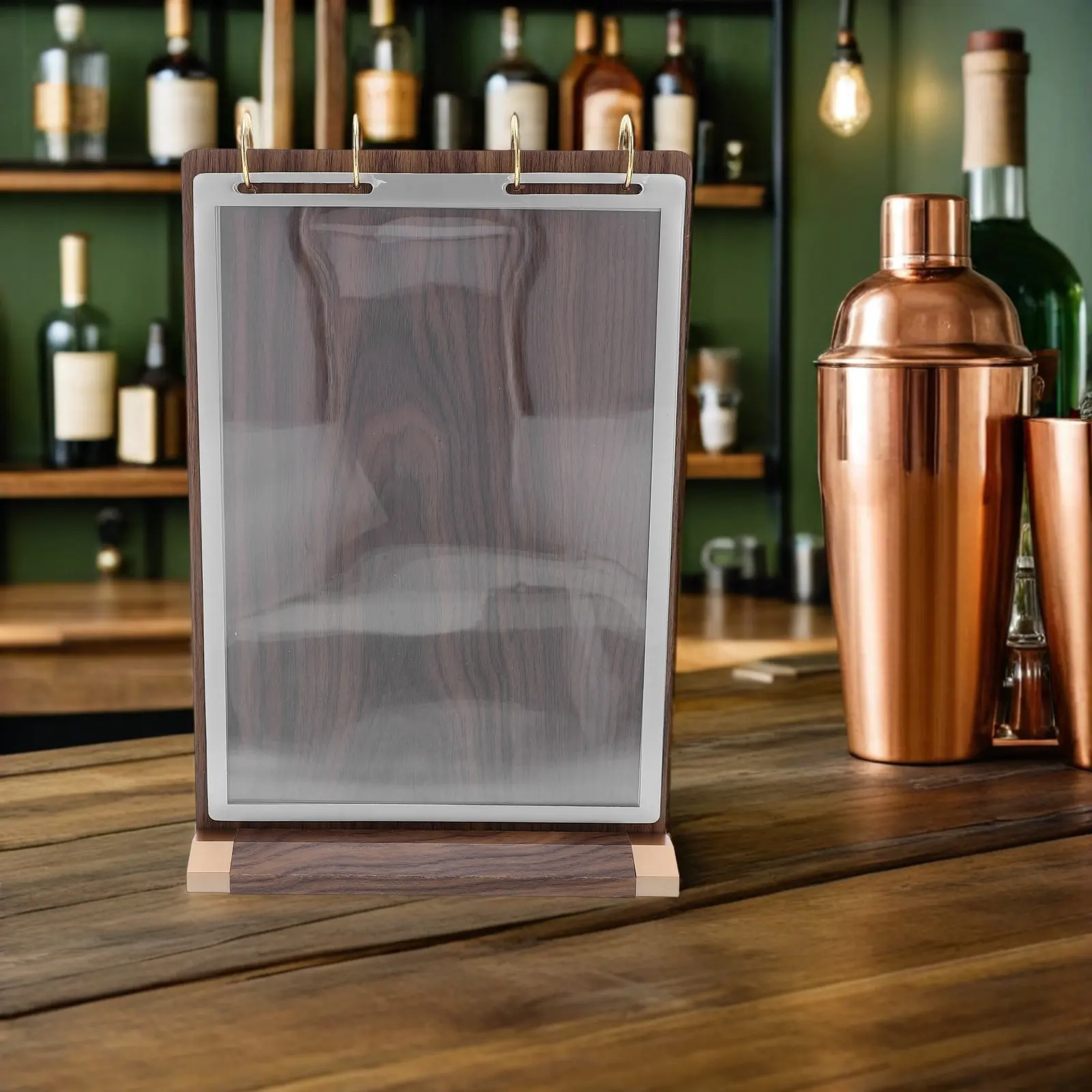 6 Pages A4 Walnut Wood Menu Holder Stand Tabletop Flip Display For Restaurant Cafe Table Top Sign Holder Wood Card Rack Menu view 3