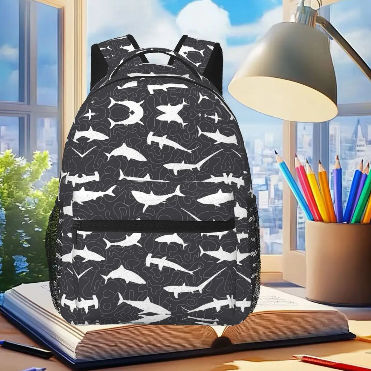 

Shark Frenzy Pattern On Charcoal Grey Student Backpack School Bag Hiking Travel Daypack for Boys Girls Bookbag Shoulder Bags