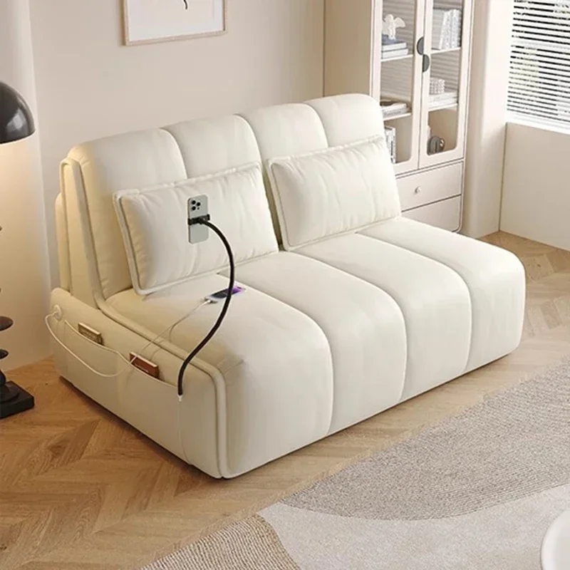 Cream Design Electric Foldable Sofa Bed, Multifunctional Telescopic Sofa for Living Room Bedroom Home Furniture