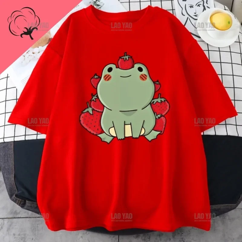 Kawaii Sweet Strawberry Frog O-neck Summer Korean Tops T Shirt Womens Pure Cotton Casual Tees Cute Aesthetic Cartoon Graphic