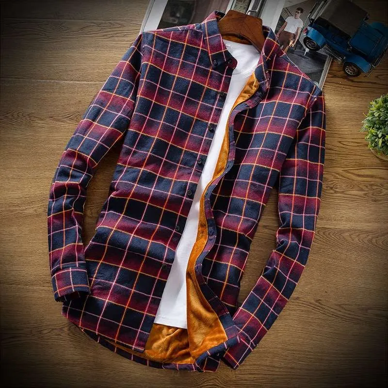 

Winter Men's Casual Long Sve Lapel irt Trendy Teenagers Slim Fit Printed Thiened Fce Plaid Patterned Jaet