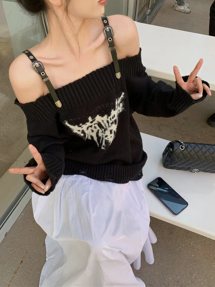 SONNEESD Winter Vintage Slash Neck Belt Design Pullovers Harajuku Style Full Sleeve Loose Hole Pendulous Knitting Sweater