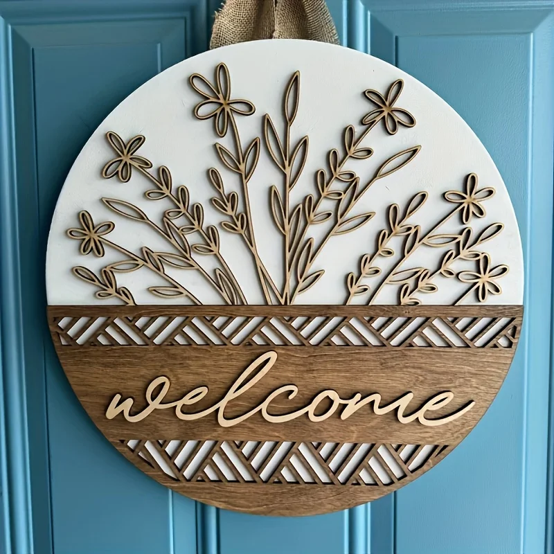 Decoración de puerta, letrero de bienvenida, corona redonda de madera para colgar en la pared, exterior, granja, porche, primavera, verano y otoño, todas las estaciones, 1 ud.
