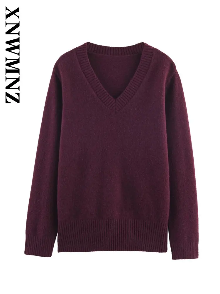 

XNWMNZ 2025 осенний новый женский повседневный винтажный вязаный свитер с v-образным воротником и длинными рукавами, простой зимний женский бордовый толстый свитер