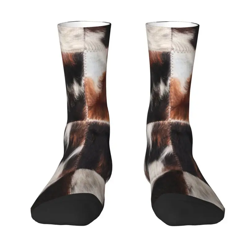 Funny Print Checkered Cowhide Fur Socks for Men Women Stretchy Summer Autumn Winter Animal Leather Texture Crew Socks