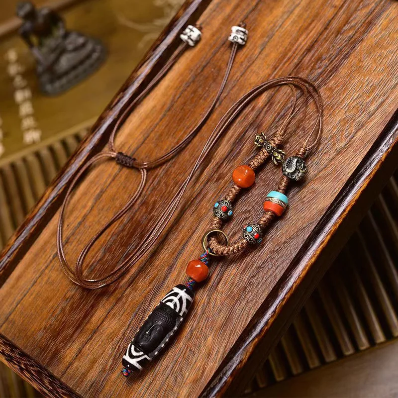 

Natural Agate Carved Medicine Buddha Dzi Bead Pendant Clavicle Chain Tibetan Style Vintage Handmade Braided Rope Necklace