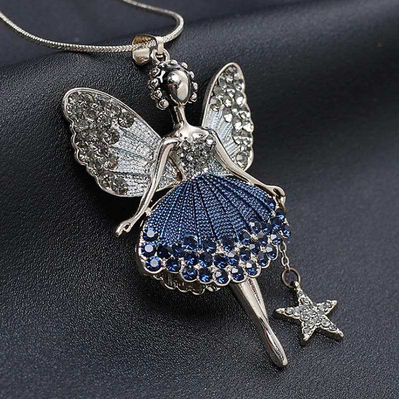 Lovely Angel Pendant Long Necklace For Women Grey Blue Crystal Sweater Chain