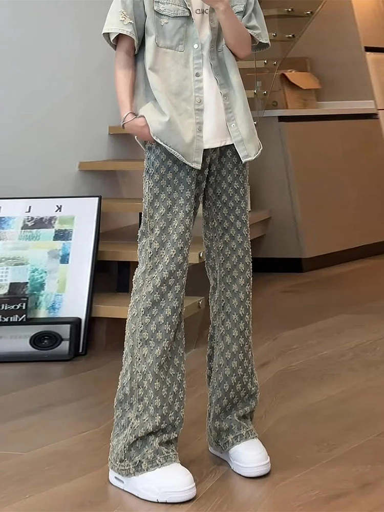 

Мужские джинсы Cool Street Sle из денима с цветочным принтом, с высокой талией, прямые, в стиле микропикантный американский дизайн, повседневная одежда для подростков