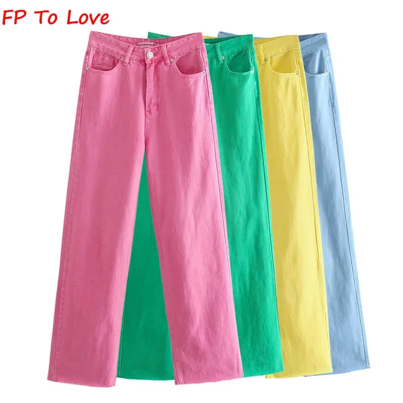 FP To Love Woman Vintage Wide Leg Pants Jeans Hot Pink Green Blue Yellow 2021 Autumn Spring Street New Arrivals Trousers