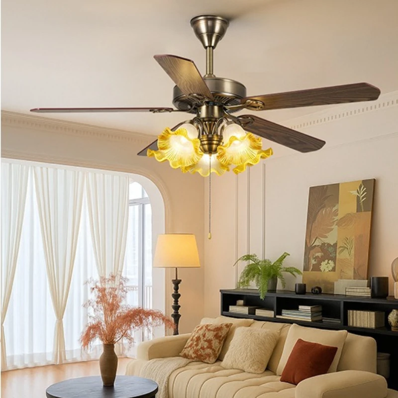 American Vintage Style Living Room/Dining Hall Glass Ceiling Fan Light Postmodern Designer Lighting Home Accessories LED Fixture