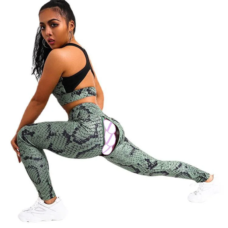 Women's Leggings Open Crotch Outdoor Sex Python Pattern Print Booty Pants Fitness High Waist Workout Sexy Yoga Butt Lift Leggins