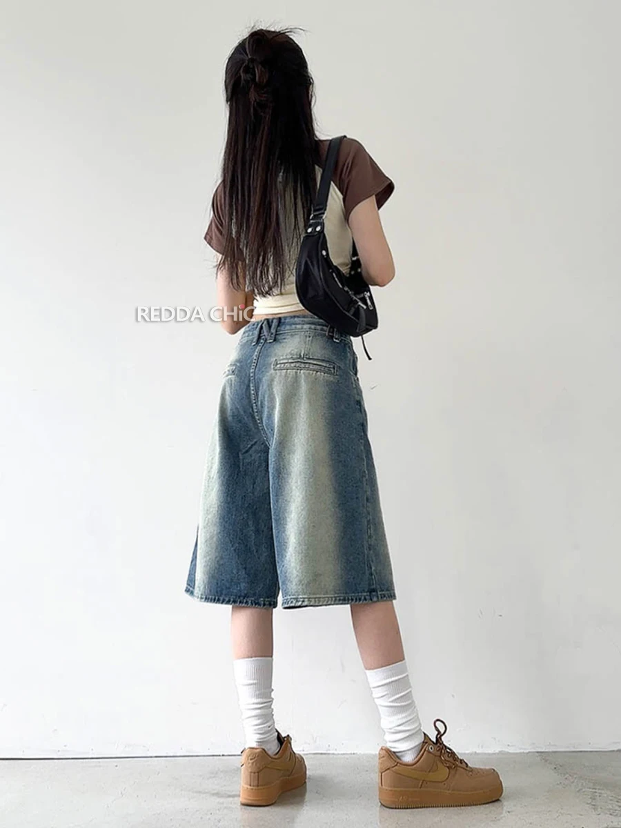 ReddaChic Vintage Blue Gradient Denim Shorts Women High Rise Wide Leg Casual Pants Baggy Jorts Unisex Trousers Y2k Streetwear