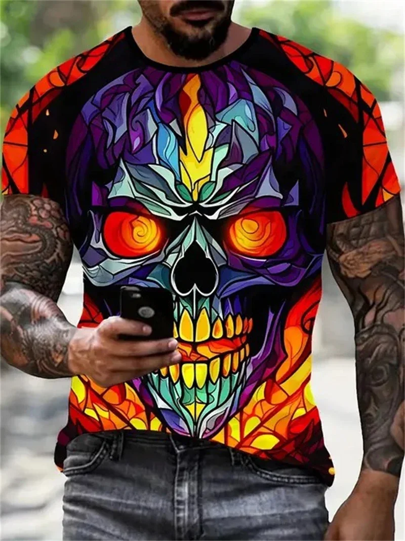 Herren-T-Shirt mit buntem psychedelischem Totenkopf-Aufdruck, lässig, Rundhalsausschnitt, kurze Ärmel, lebendige Grafik-Tops