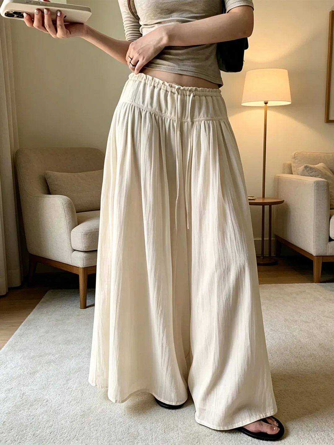 Summer Plus Size Women's Loose Wide Pants Apricot Wide Leg Casual Loose Feel Slimming Design Commute Style Long Trousers