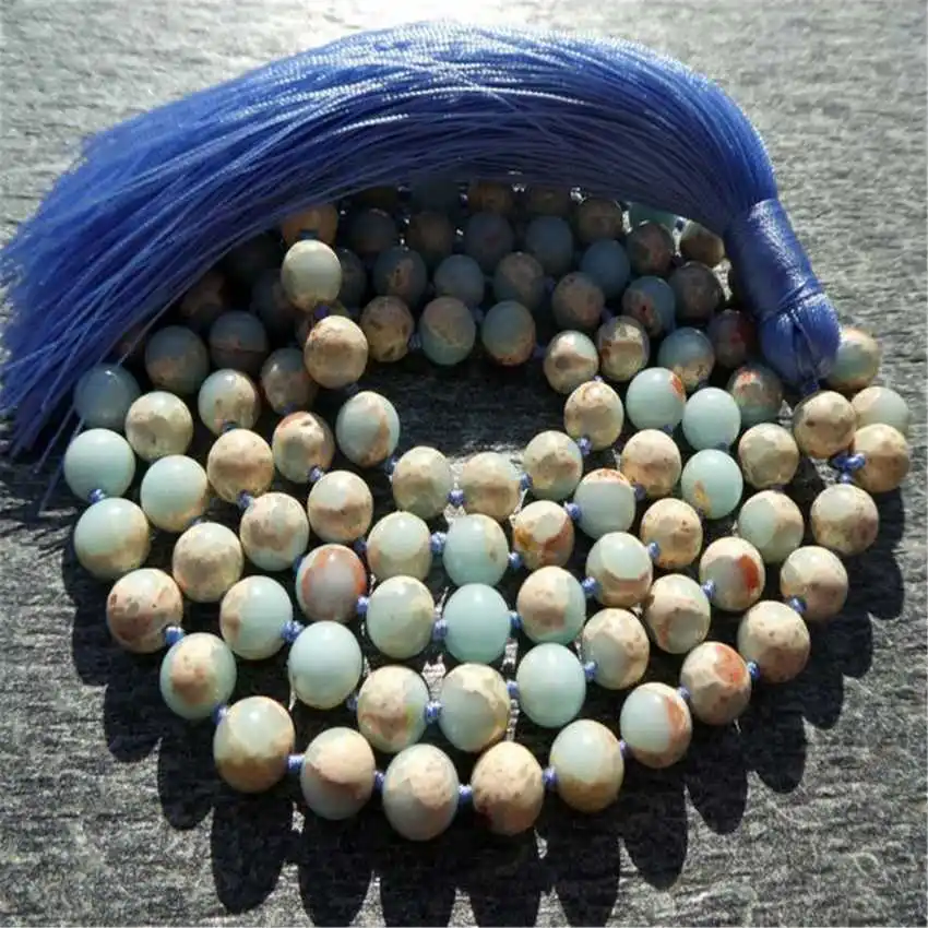 

Natural Amazonite & Picture Jasper Mala Beads Necklace 108 Beads with Blue Tassel Healing Crystal Jewelry