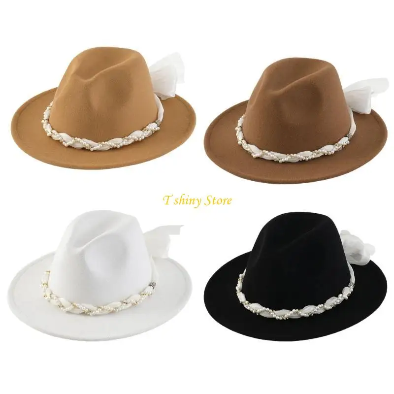 N58F Elegant Pearls Hat with Rhinestones Jeweled Fedoras Hat for Evening Wear and Special Occasion Vintage Looks