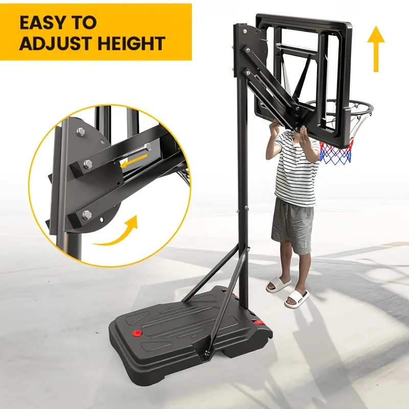 1 طوق كرة سلة خارجي بطول 5.5-9.5 قدم ارتفاع قابل للتعديل، لوحة خلفية مقاومة للكسر مقاس 33 بوصة، نظام محكمة طوق محمول
