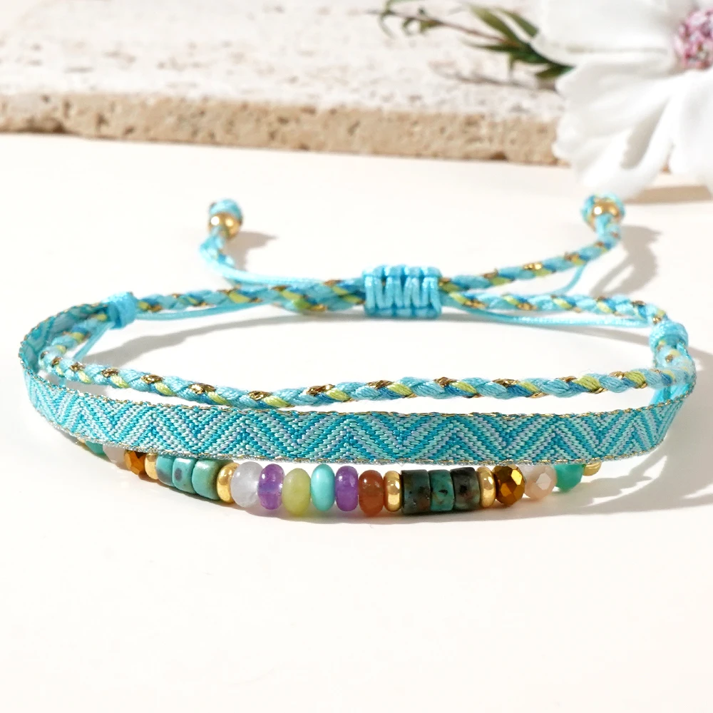 1PC blue three wire ribbon copper bead crystal natural stone bead adjustable bracelet Bohemian vacation style daily gift giving