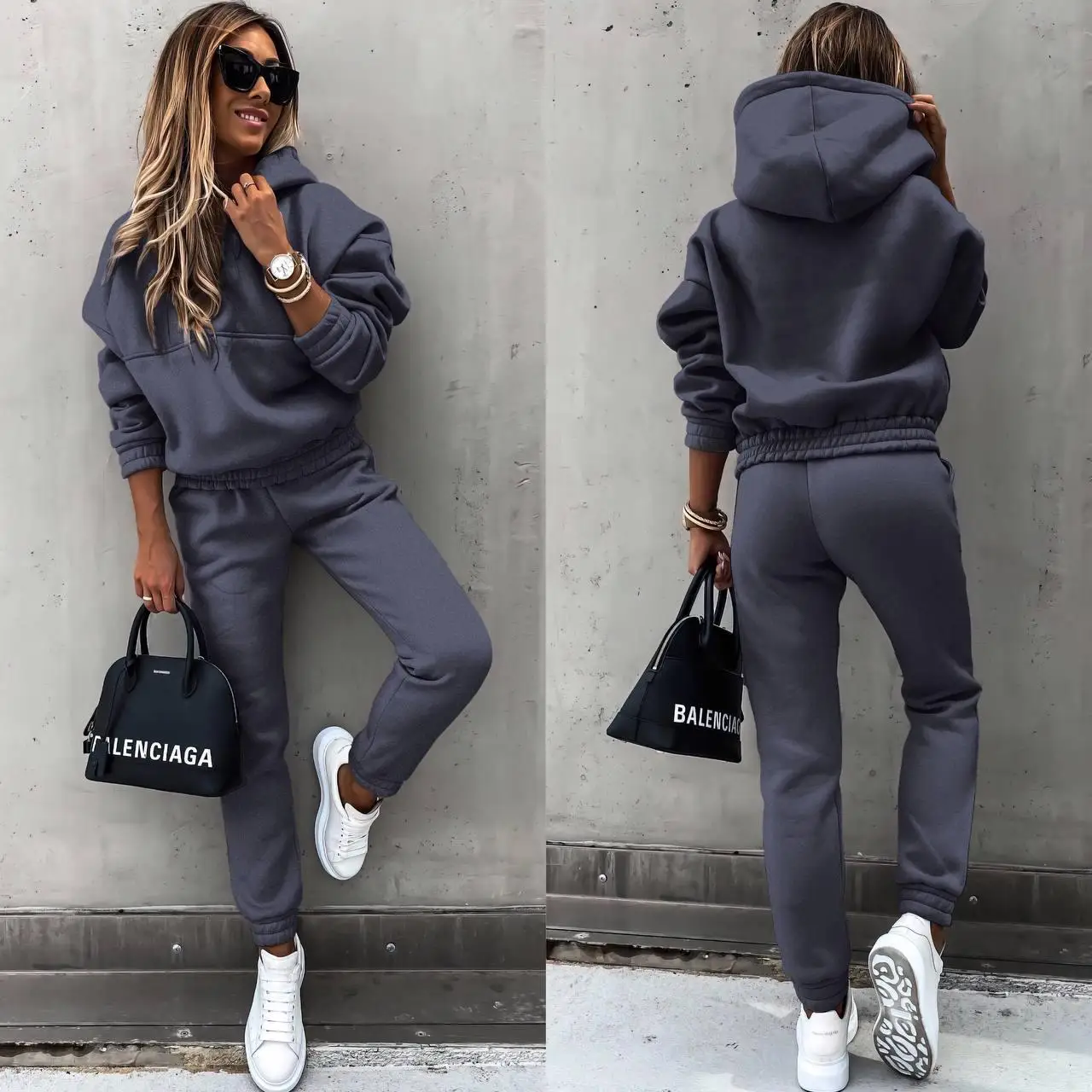 Hoodies Suit Autumn Winter Solid Casual Tracksuit Women Fleece 2 Pieces Set Sports Sweatshirts Pullover Jogger Sweatpants Outfit