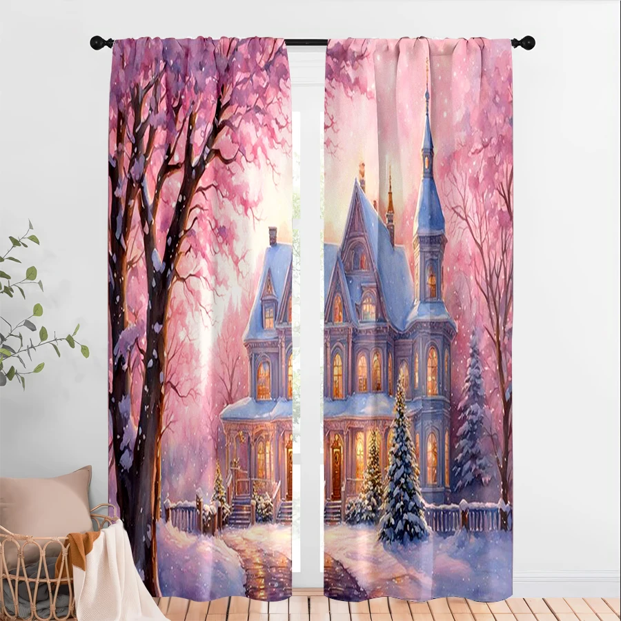 2PCS Digital Print Christmas Curtains, Pink Purple Snowy Victorian Mansion, Dreamy Cozy Window Drapes for Holiday Home Decor