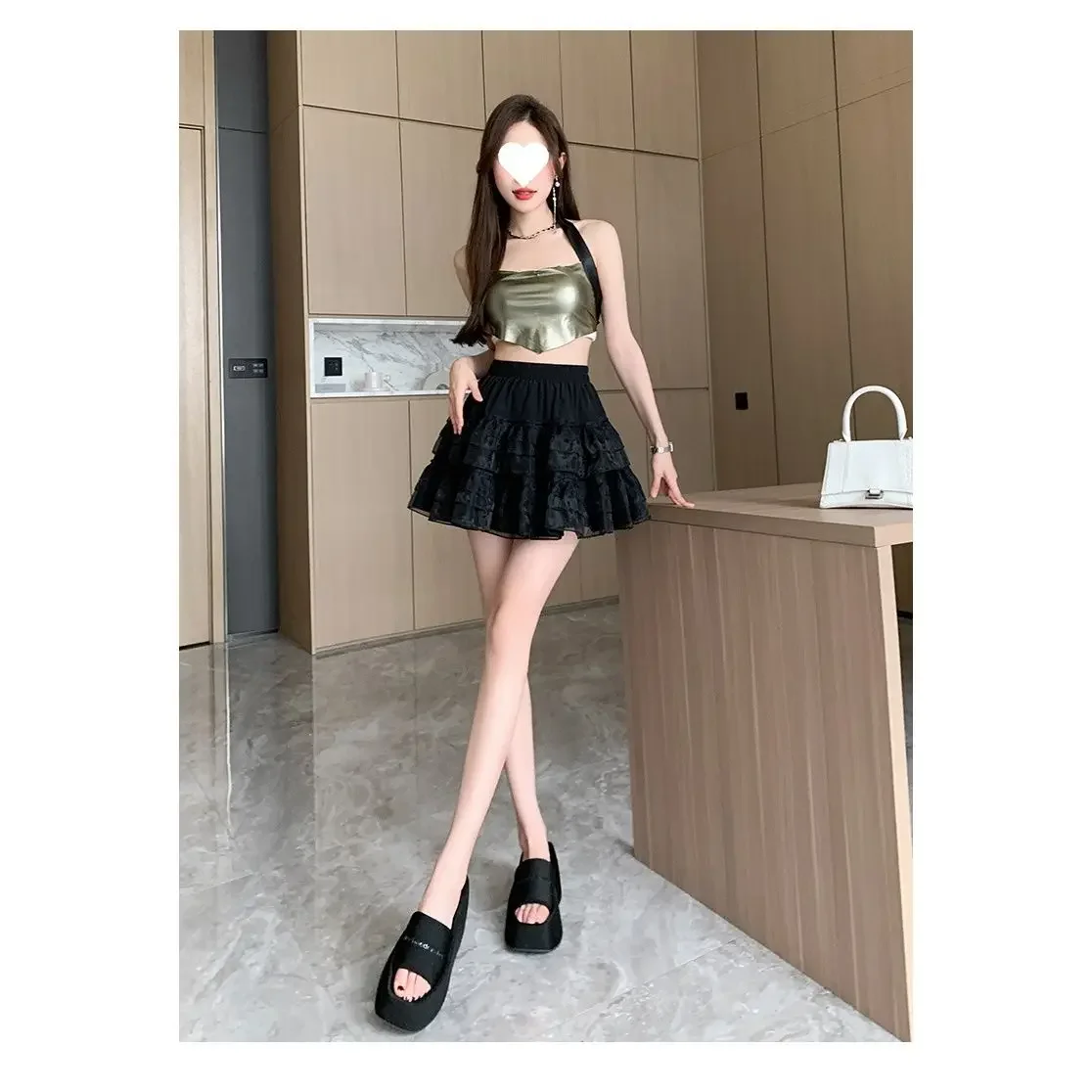 Cake Mesh Pleated Women's Skirt Elasticity High Waist A- Shaped Slim Lace Skirt Lady Summer 2024 New Small Waist Femme Y2k