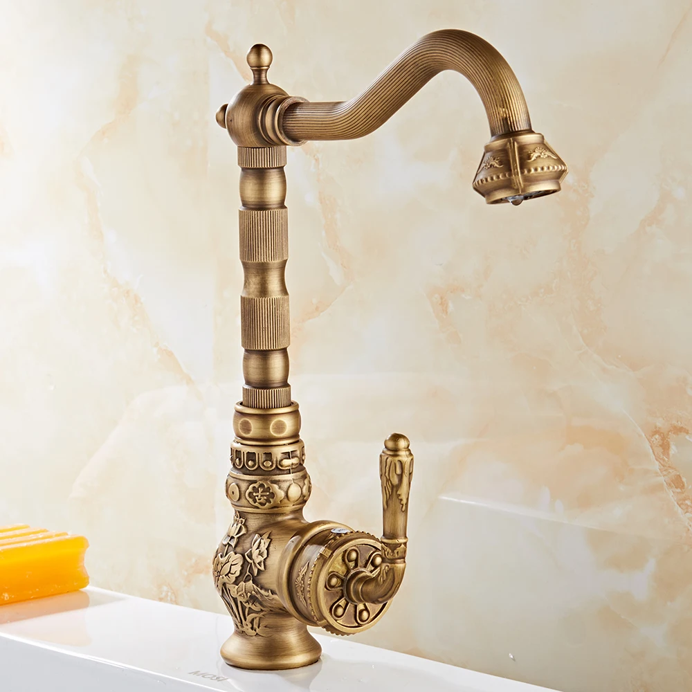 Imagem -03 - Antique Retro Copper And Bronze Basin Faucet 360 Graus Swivel Spout Single Hole Mixer Tap Deck Mount Água Quente e Fria Zr240