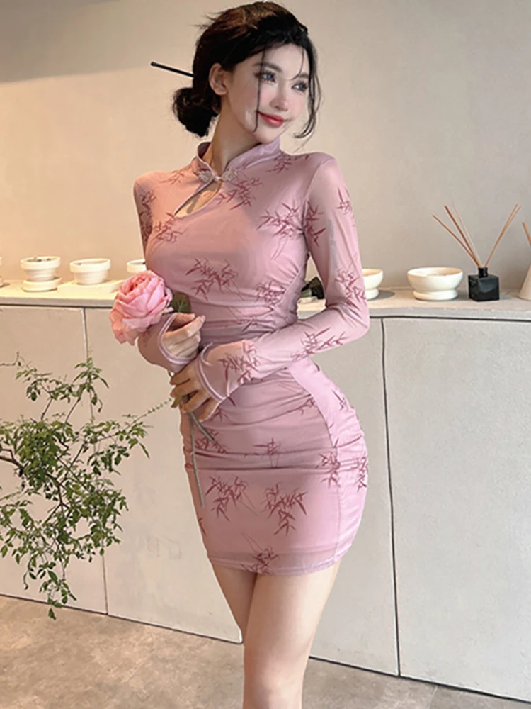 Women Blue Print Long Sleeve Stand Collar Cheongsam Dress Autumn Winter Elegant Casual Home Dress 2025 Korean Bodycon Prom Dress