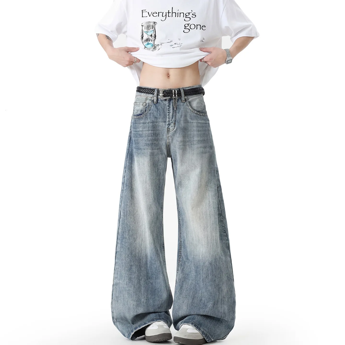 Men Wide Leg Baggy Jeans Casual Loose Denim Trousers Retro Light Washed Cotton Pants High Waist Streetwear Relaxed Fit Men Jean
