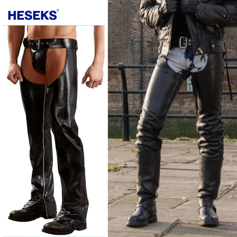 Pantalones Chaps de vaquero para hombre con tangas, pantalones de cuero con mangas, pantalones sexis sin culo para hombre, pantalones de Moto,