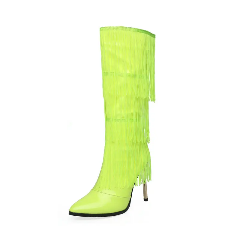 Patent PU Leather Bright Neon Yellow Color Pointed Toe Super Thin High Heels Women Shoes Knee High Boots With Fringes Tassels